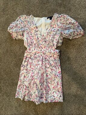 French Connection White Floral V-Neck Dress with Pink and Green Accents